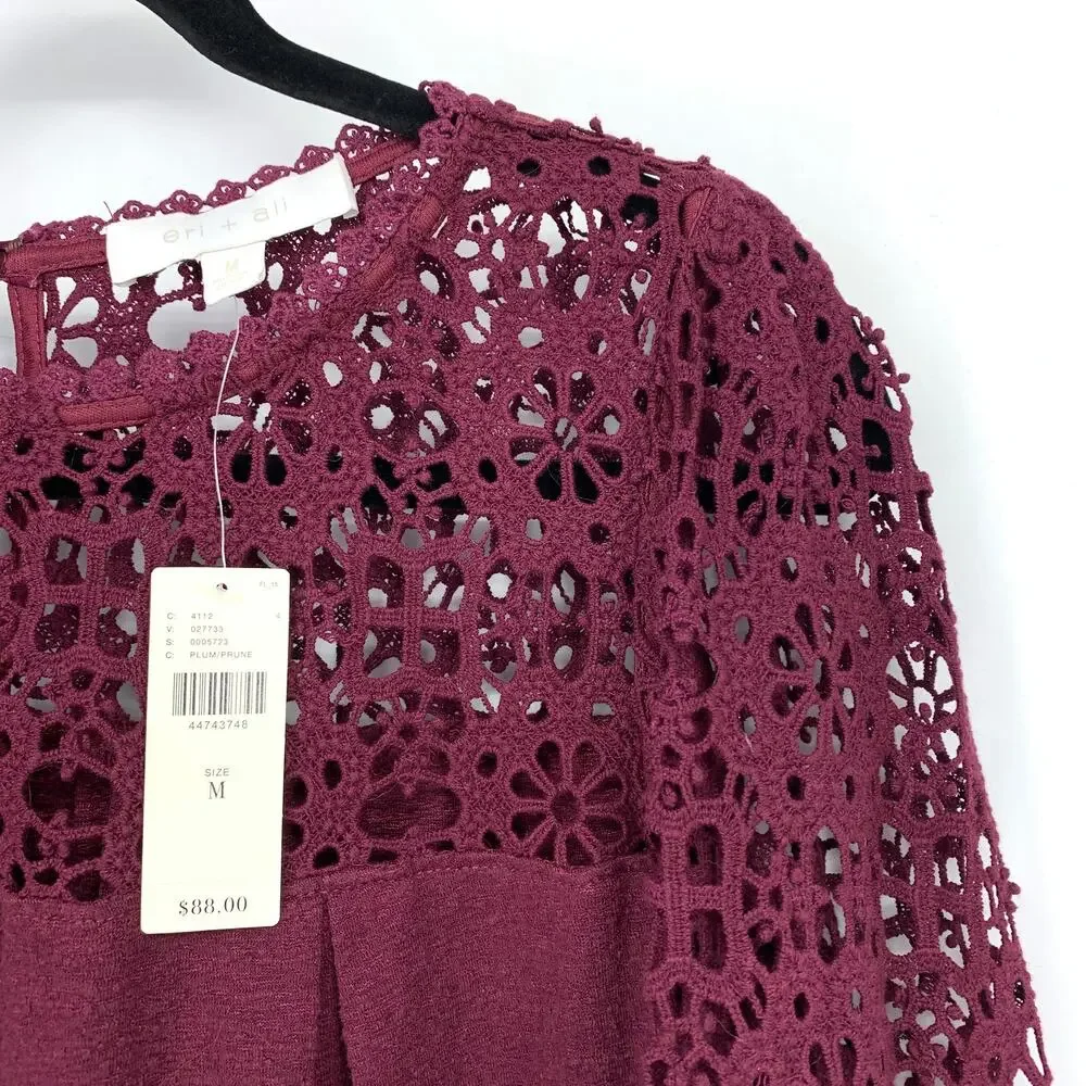 Anthropologie Eri + Ali Marigold Blouse Sz M Plum Crochet Yoke Flare Sleeves NEW
